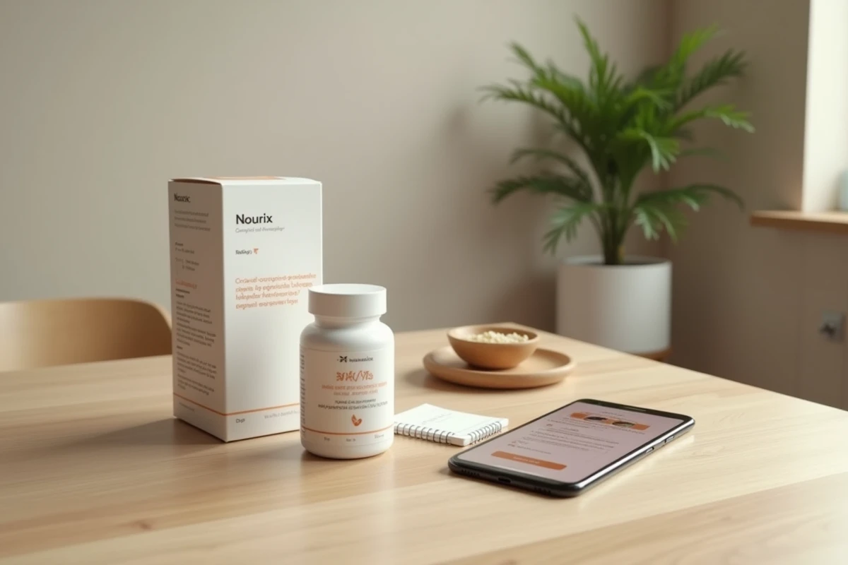 Présentation du produit Nourix avec son emballage, son flacon et une commande en ligne affichée sur smartphone