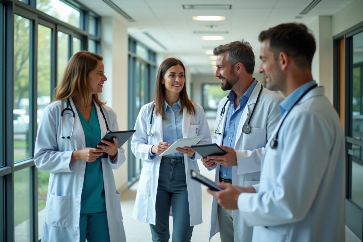 Professionnels de sante et patients dans un couloir d hopital moderne