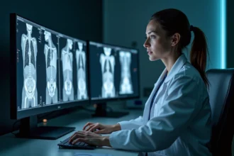 Radiologue femme analysant un scanner abdominal avec injection sur un poste de travail médical à double écran