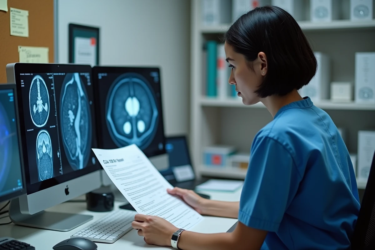 Jeune radiologue comparant rapport CA 199 et images MRI