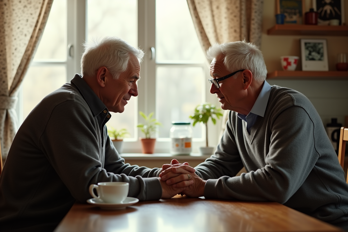 Fils rassurant son père âgé dans la cuisine lumineuse