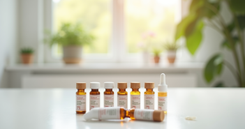 Tubes de remèdes homeopathiques sur une table lumineuse