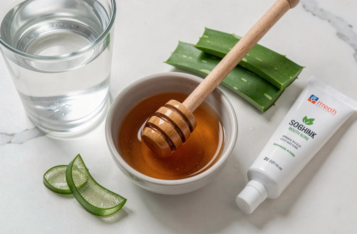 Remèdes naturels pour soigner une brûlure au palais : miel, aloe vera, eau fraîche et gel apaisant sur surface blanche