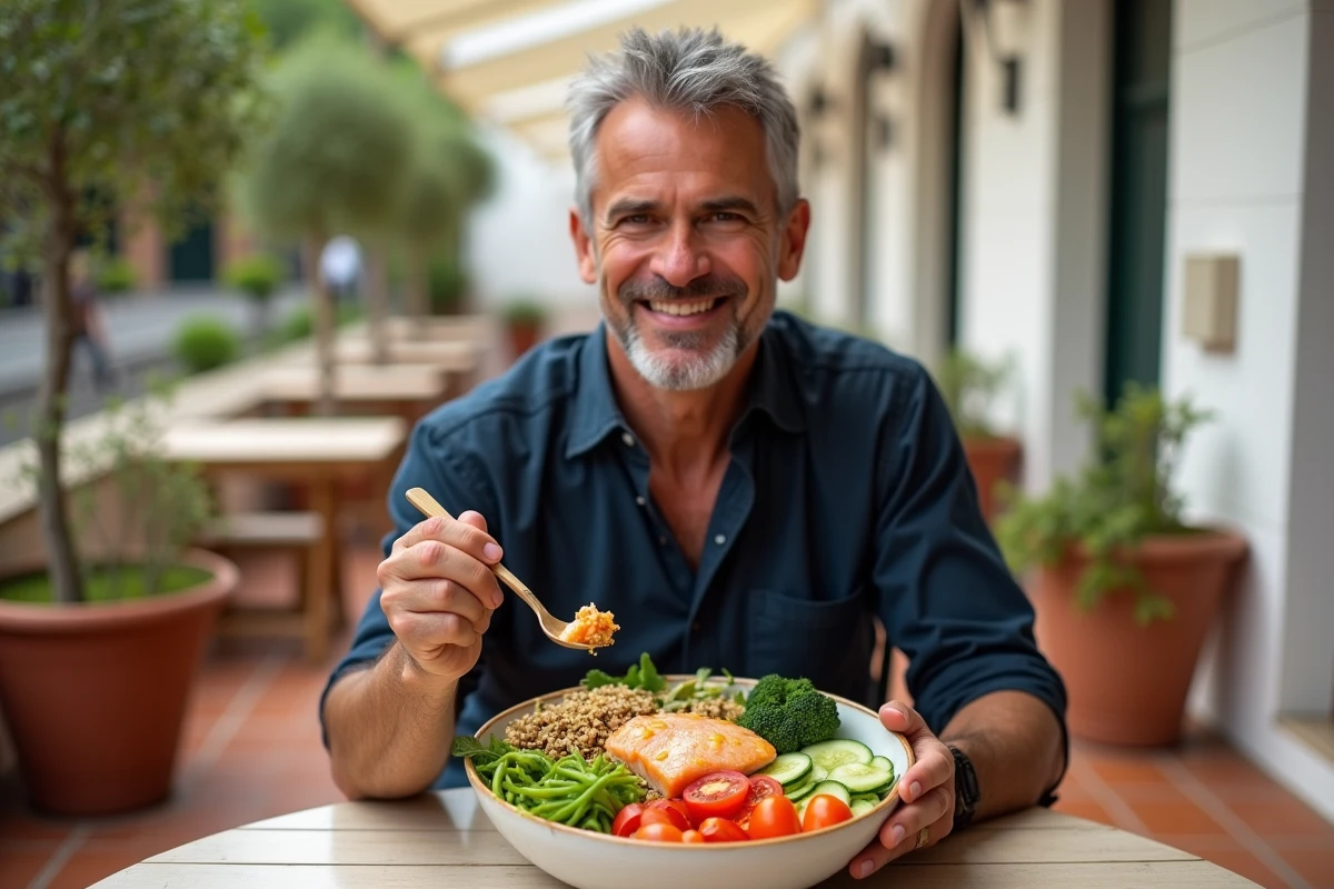 Homme dégustant un bol de salade anti-inflammatoire au saumon, quinoa et légumes frais en terrasse