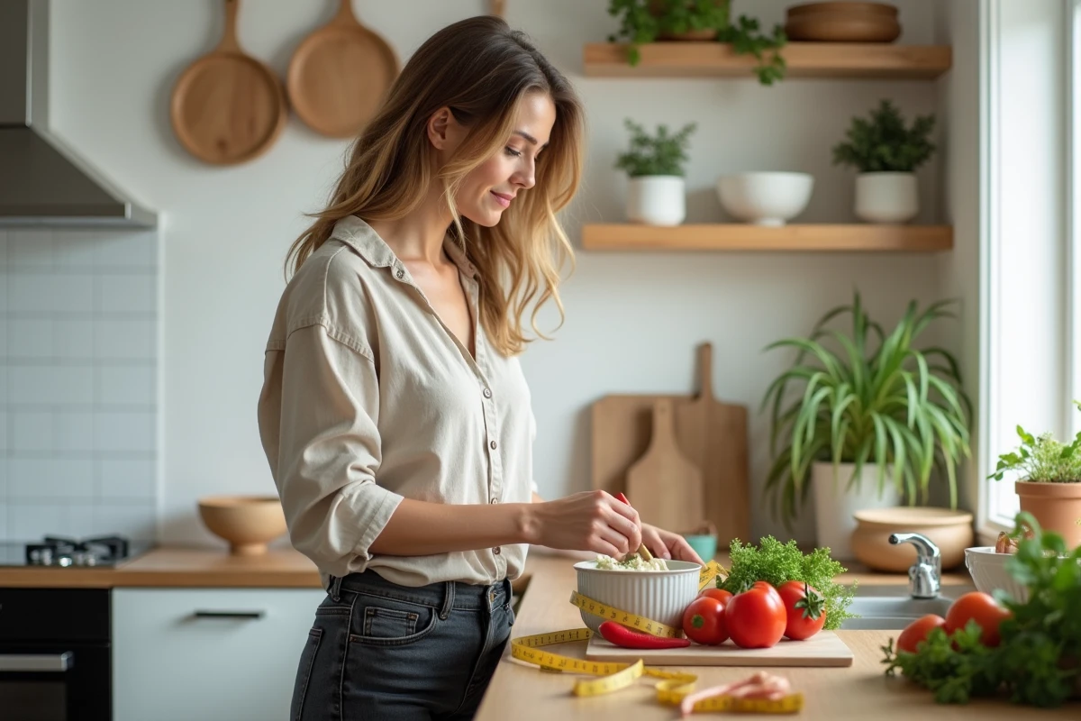 Femme préparant un repas équilibré avec des légumes frais et un mètre ruban, symbolisant la gestion du poids santé à 1m60