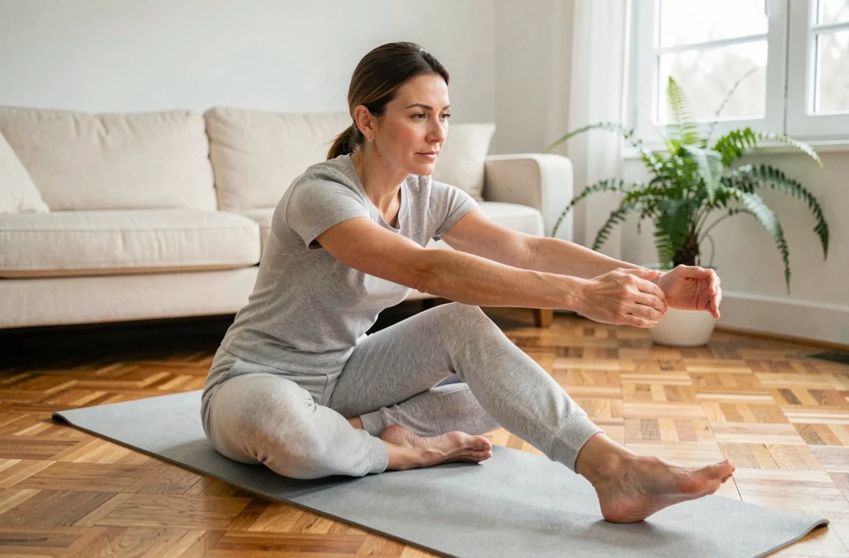 Femme en rétablissement après salpingectomie faisant des étirements doux à domicile sur un tapis de yoga