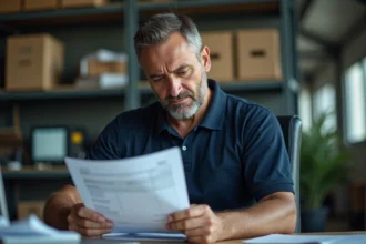 Responsable logistique examinant un bon de transport cerfa dans un bureau de société de fret