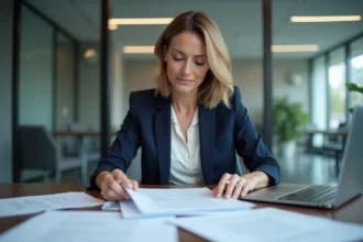 Responsable RH révisant des contrats d'intérim en lien avec la loi Rist dans un bureau d'entreprise
