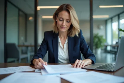 Responsable RH révisant des contrats d'intérim en lien avec la loi Rist dans un bureau d'entreprise