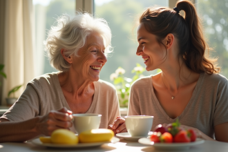 Femme âgée et jeune partageant un thé dans la cuisine
