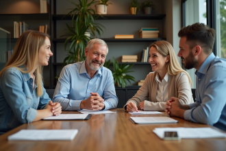 Quatre professionnels en réunion dans un bureau moderne