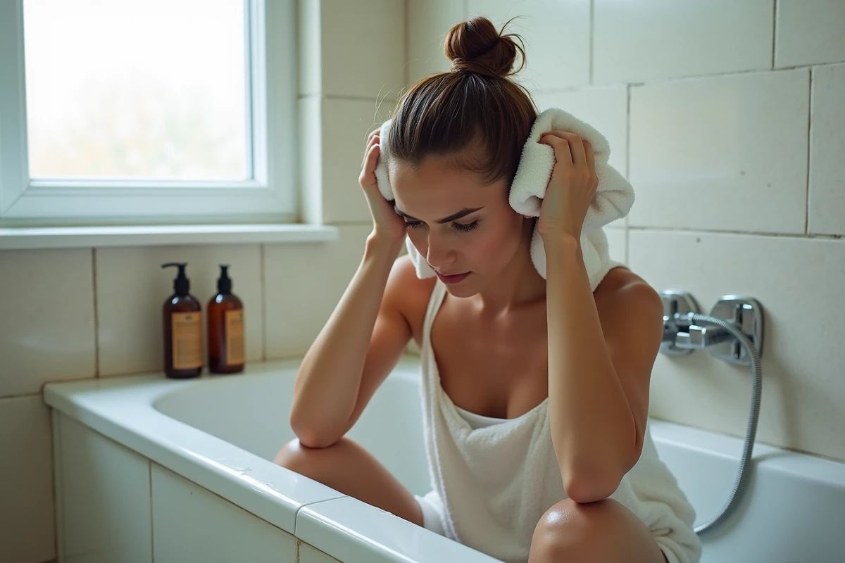 Jeune femme rinçant une coloration végétale avec des maux de tête, erreurs courantes de rinçage