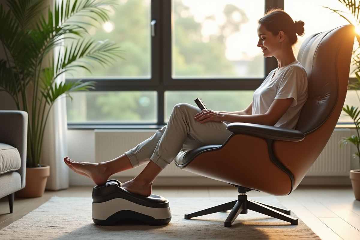 Salon moderne avec personne utilisant un masseur de pied