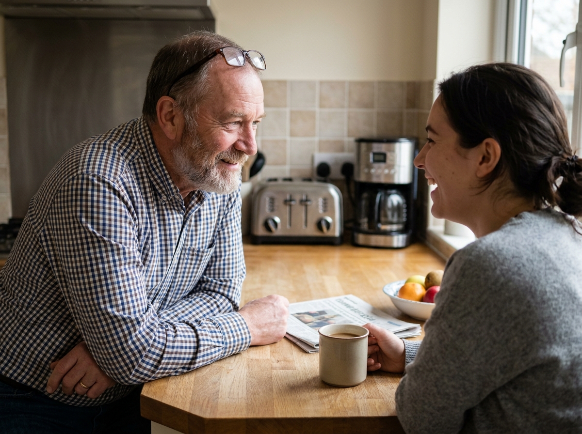 Homme senior discutant naturellement en famille dans une cuisine, représentant la communication facilitée grâce à une meilleure écoute