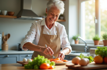 Femme senior souriante préparant un repas sain dans une cuisine lumineuse