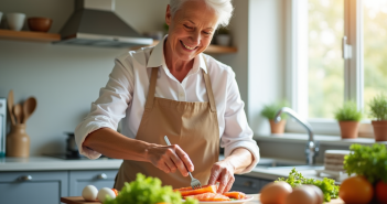 Femme senior souriante préparant un repas sain dans une cuisine lumineuse