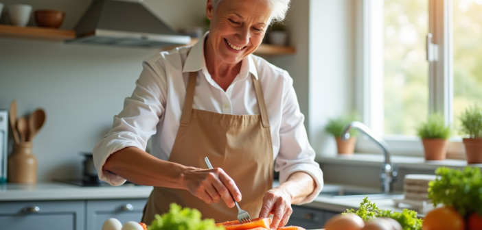 Femme senior souriante préparant un repas sain dans une cuisine lumineuse