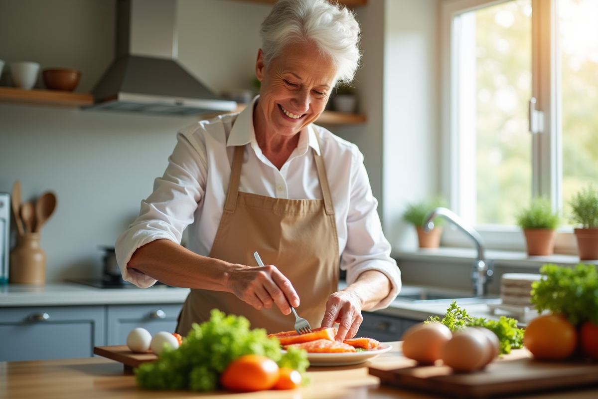 Femme senior souriante préparant un repas sain dans une cuisine lumineuse