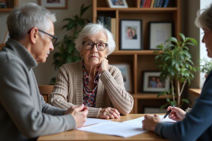 Femme âgée en cardigan avec assistante sociale dans un bureau