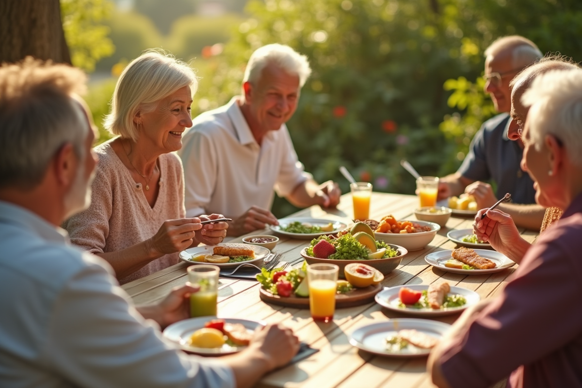 Groupe de seniors dégustant un déjeuner en plein air avec du poisson grillé