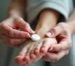 Senior appliquant doucement une creme sur le pied