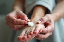 Senior appliquant doucement une creme sur le pied