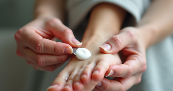 Senior appliquant doucement une creme sur le pied