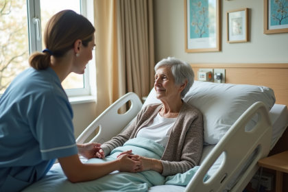 Femme âgée avec infirmière dans une chambre de soins palliatifs