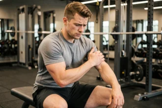 Sportif débutant assis sur un banc de musculation tenant son bras gauche douloureux après un effort physique en salle de sport