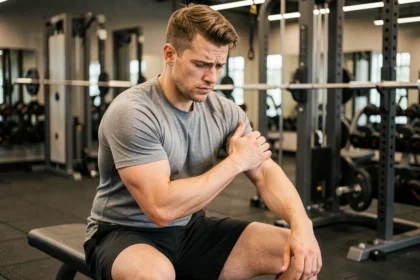 Sportif débutant assis sur un banc de musculation tenant son bras gauche douloureux après un effort physique en salle de sport
