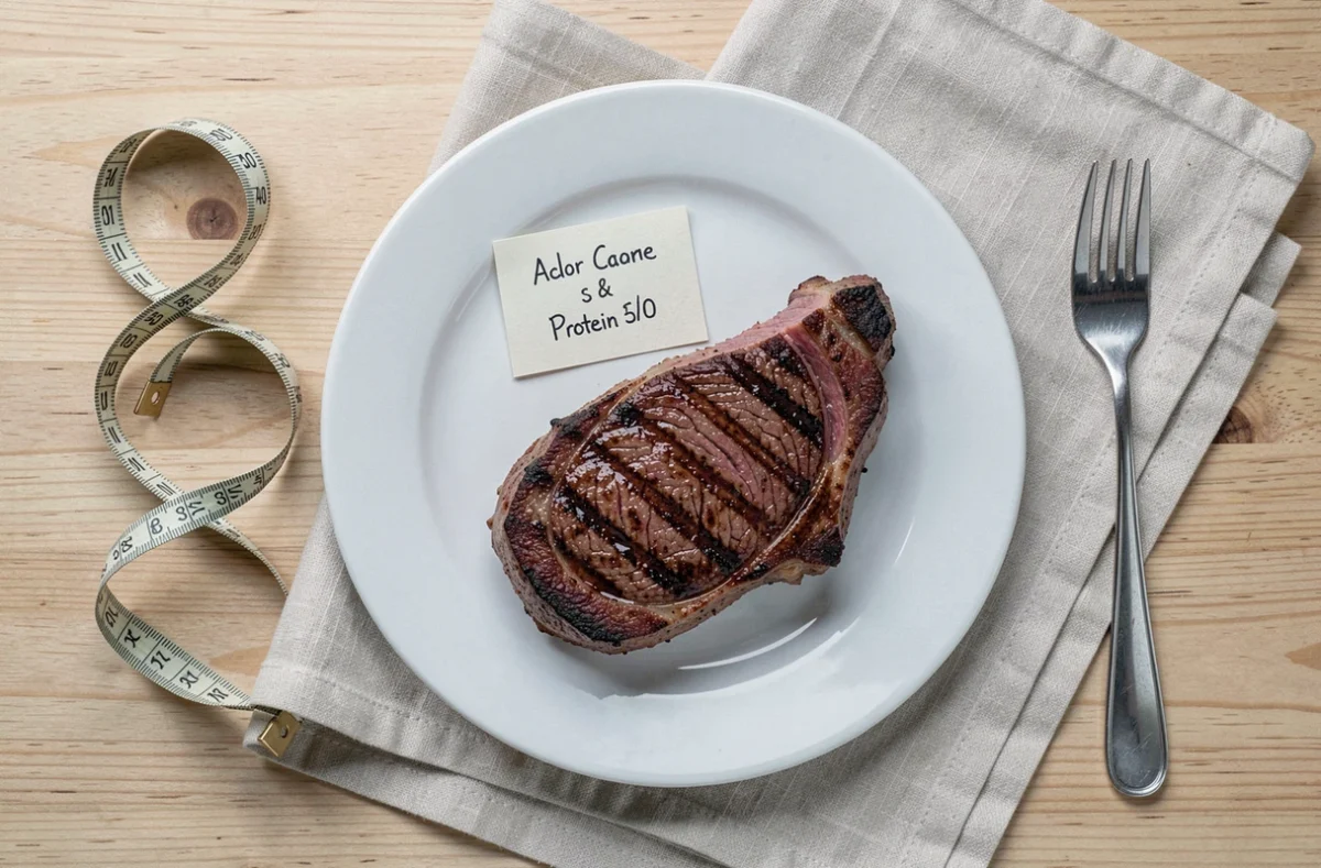 Steak maigre grillé sur assiette blanche avec fiche nutritionnelle calories et protéines pour la cuisine saine
