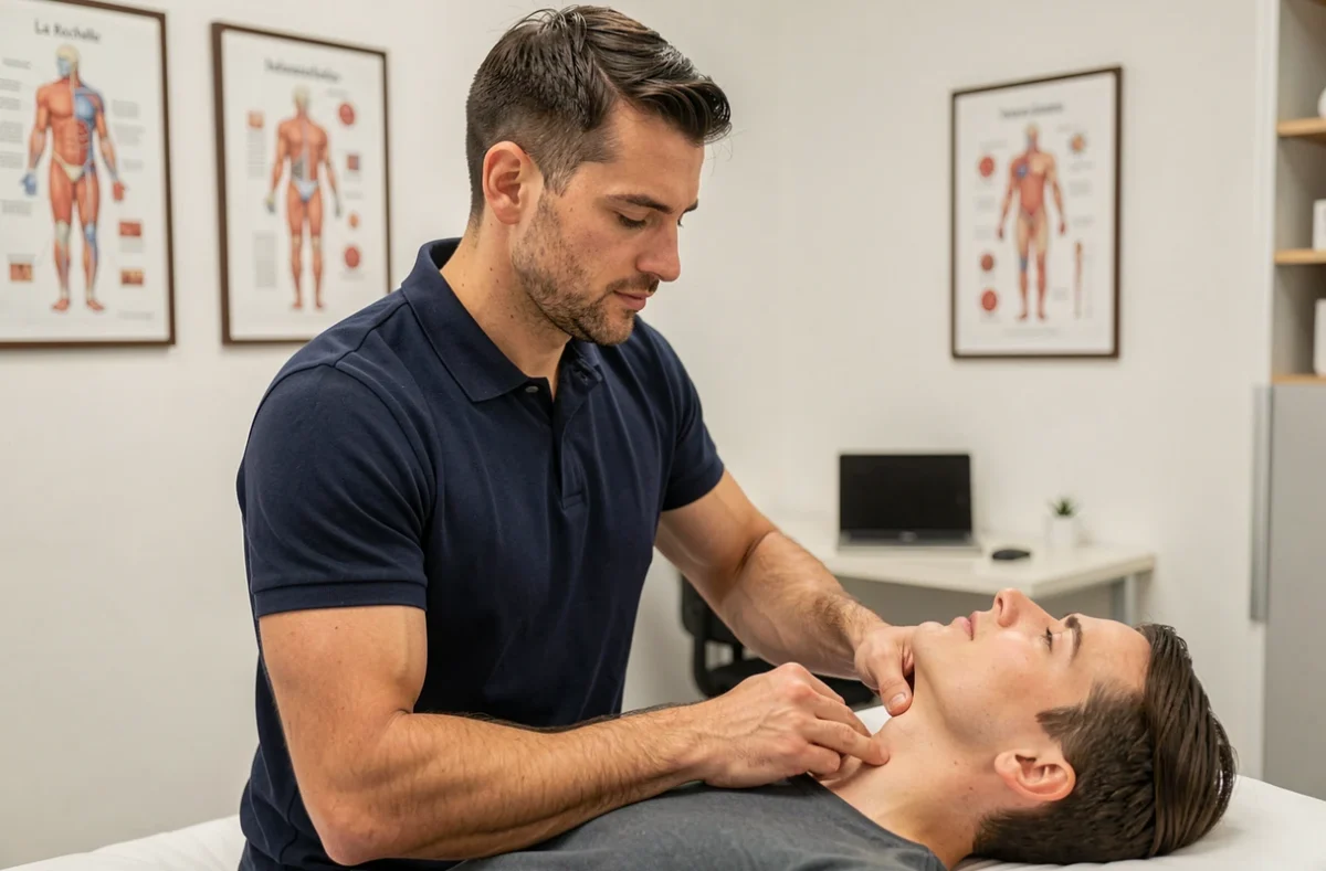 Sylvain Pruvot, ostéopathe à La Rochelle, réalisant une technique cervicale sur un patient allongé