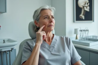 Femme d'âge moyen touchant sa mâchoire lors d'une consultation médicale, illustrant les symptômes du cancer de la mâchoire