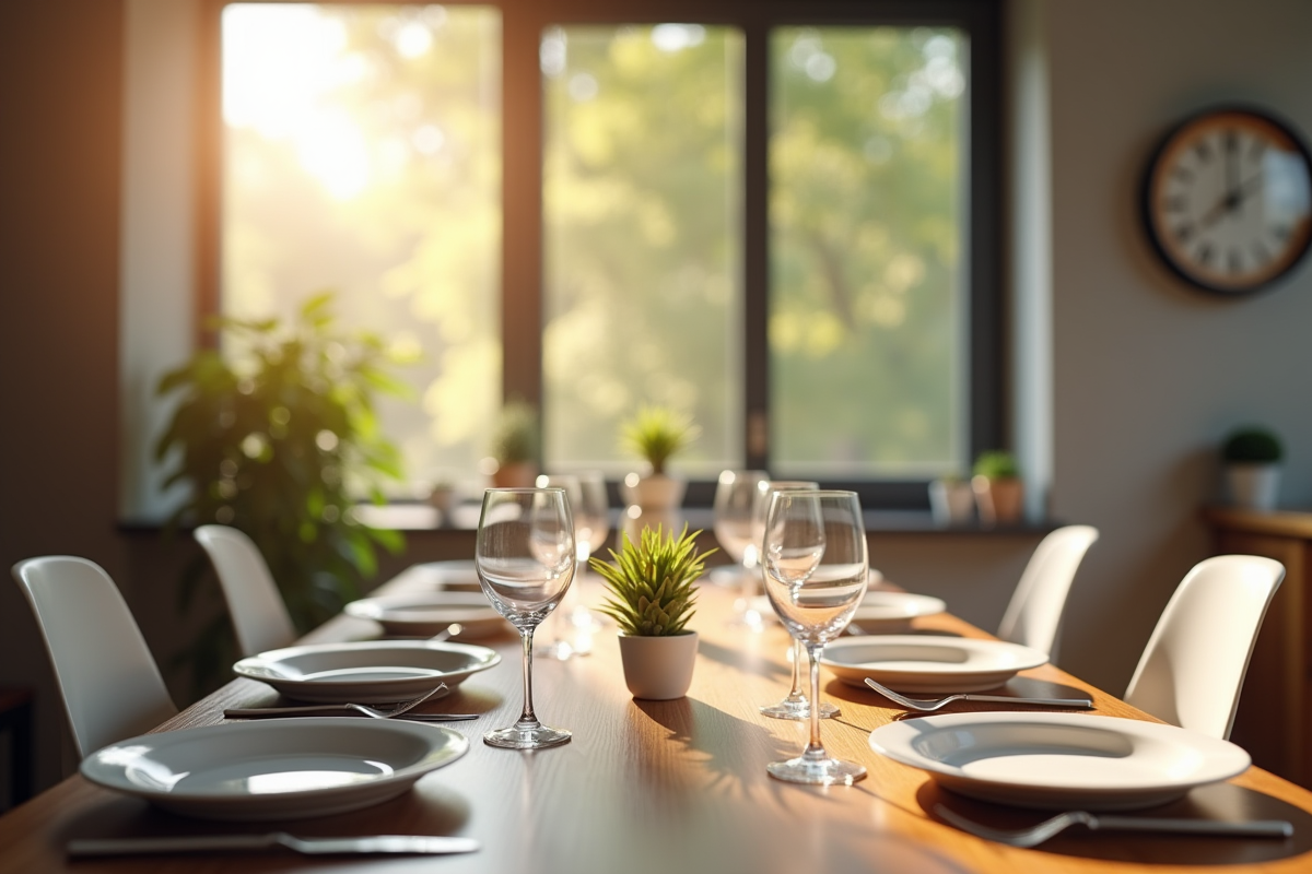 Table de dîner moderne avec assiettes vides en soirée