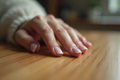 Gros plan sur une main de femme avec des taches blanches visibles sur les ongles, posée sur une table en bois
