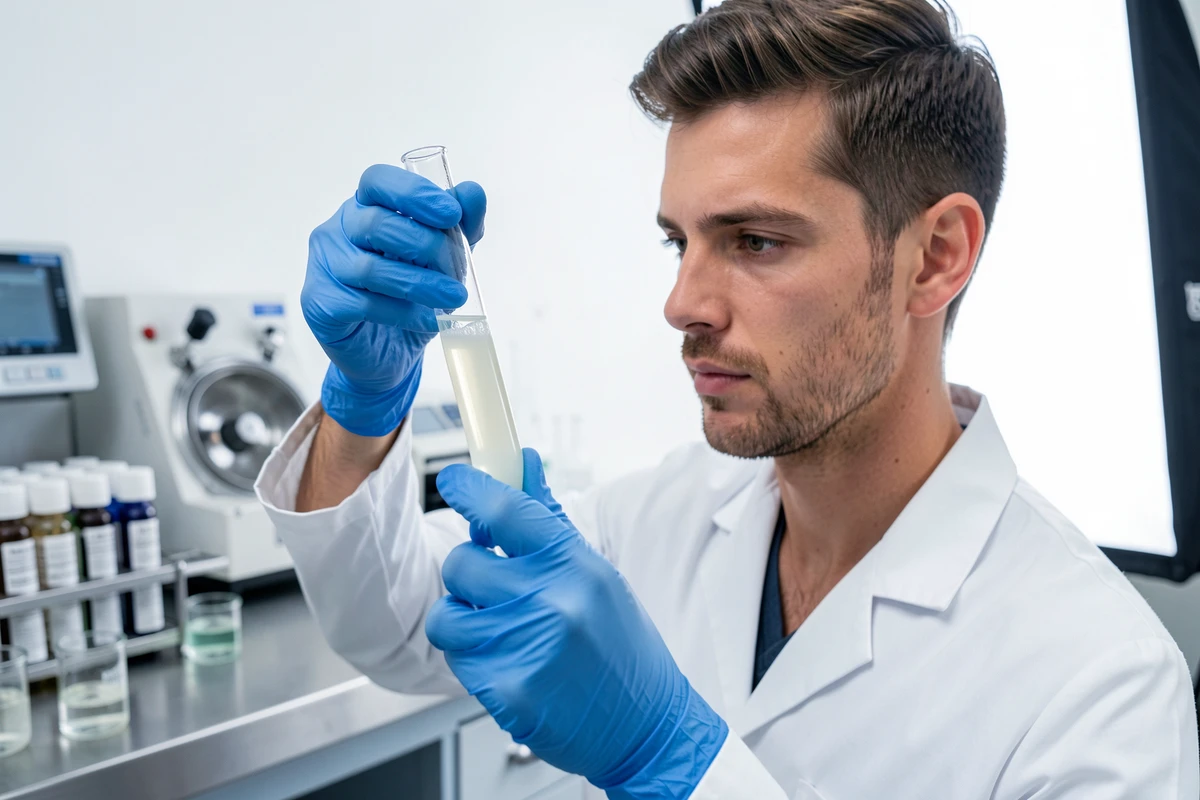 Technicien de laboratoire tenant un tube d'échantillon de sérum opalescent lors d'une analyse biologique clinique