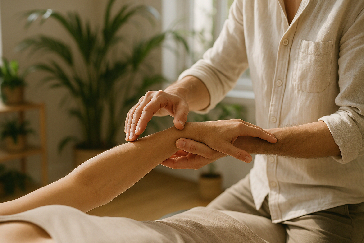 Gros plan de deux mains effectuant un test musculaire en studio lumineux