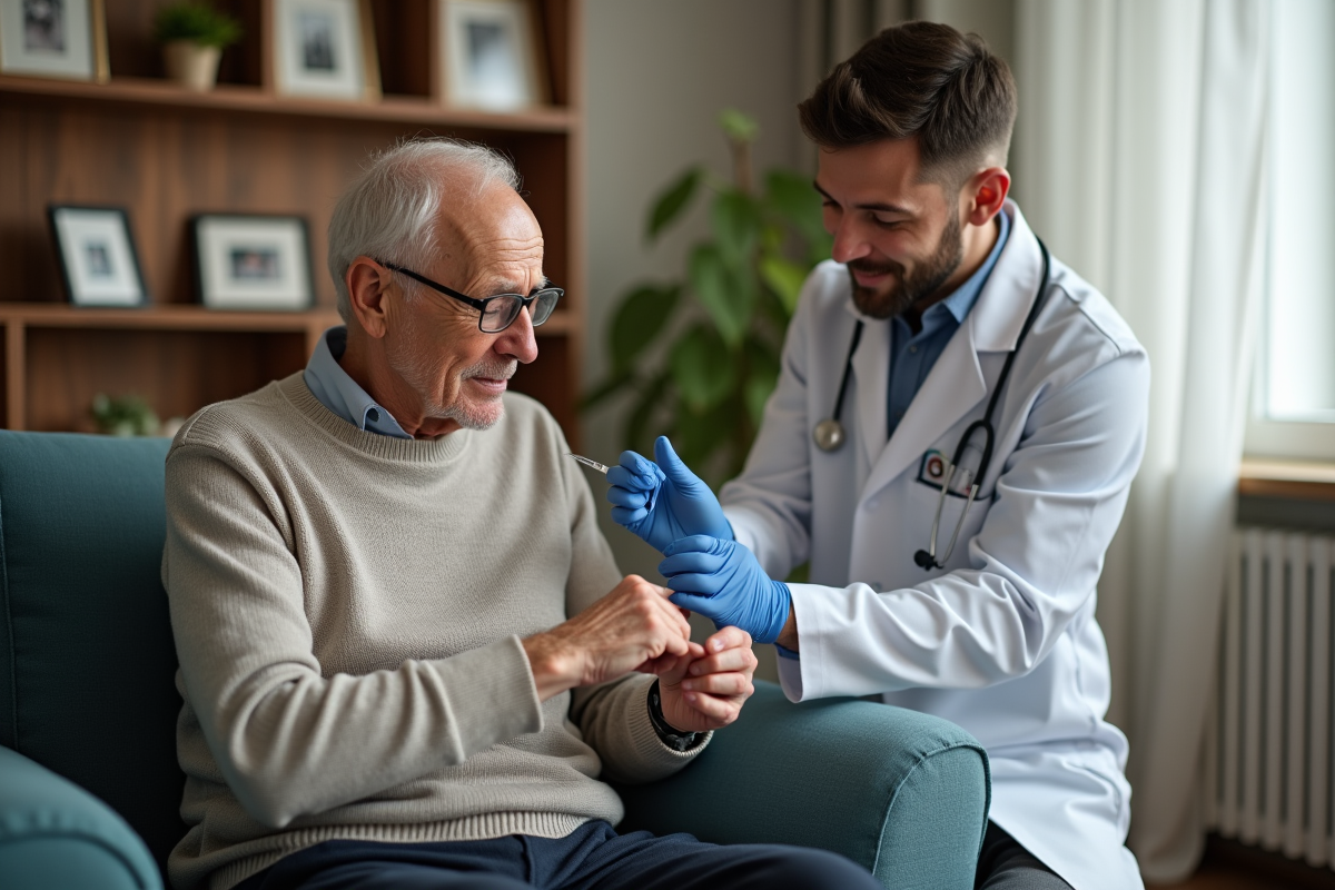 Personne agee recevant vaccination par un infirmier à domicile