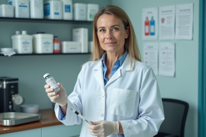 Infirmière en blouse blanche avec vaccin et seringue