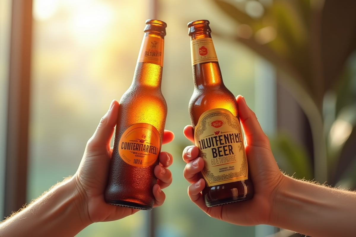 Deux mains tenant une bouteille de bière sans gluten et une bière classique