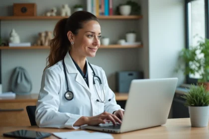 Vétérinaire femme en blouse blanche utilisant un logiciel
