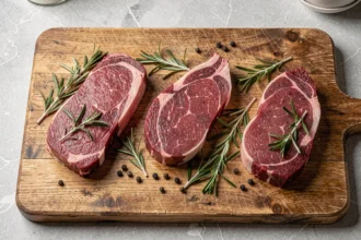 Sélection de viandes rouges maigres crues sur billot en bois : bœuf, venaison et bison portionnés avec romarin frais