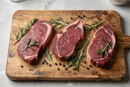 Sélection de viandes rouges maigres crues sur billot en bois : bœuf, venaison et bison portionnés avec romarin frais