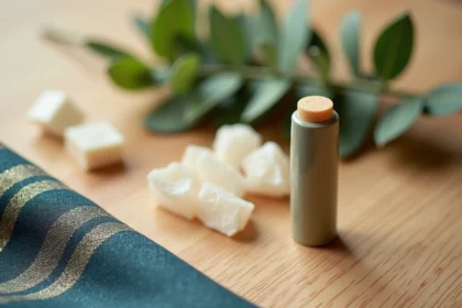 Yadom thaïlandais posé sur un plan de travail en bois avec des feuilles d'eucalyptus et des cristaux de camphre, illustrant un achat responsable en France